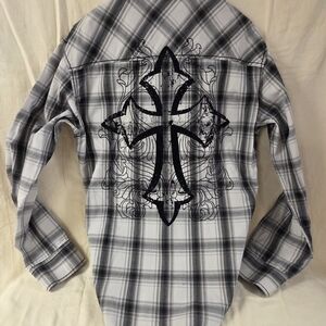 Buckle Men's Gray Plaid Shirt with Cross Design